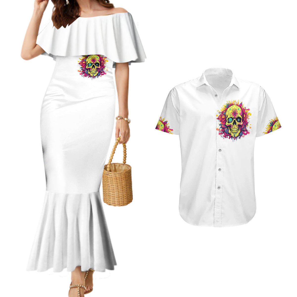 Flower Skull Couples Matching Mermaid Dress and Hawaiian Shirt Judge Me When You 're Perfect Otherwise Shut Up - Wonder Print Shop