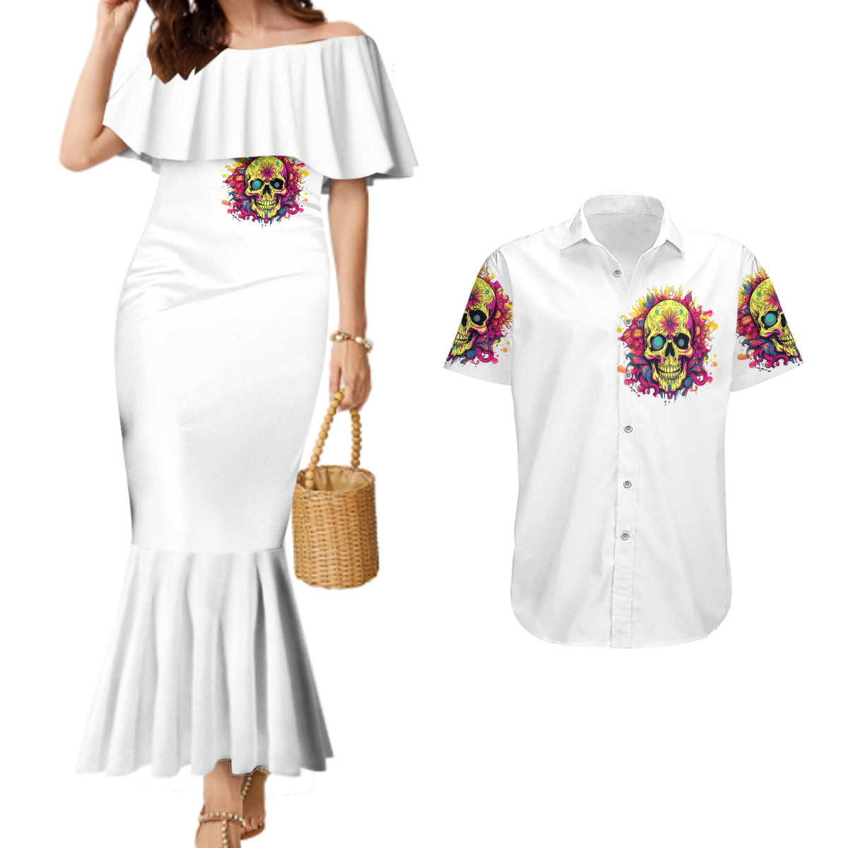Flower Skull Couples Matching Mermaid Dress and Hawaiian Shirt Judge Me When You're Perfect Otherwise Shut Up - Wonder Print Shop