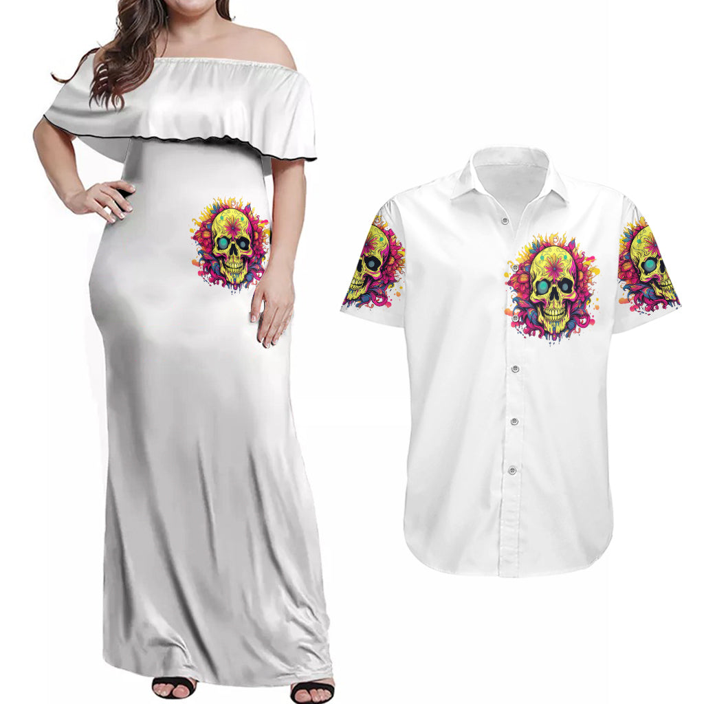 Flower Skull Couples Matching Off Shoulder Maxi Dress and Hawaiian Shirt Judge Me When You're Perfect Otherwise Shut Up - Wonder Print Shop