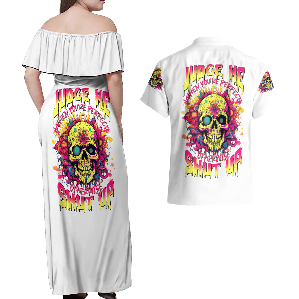 Flower Skull Couples Matching Off Shoulder Maxi Dress and Hawaiian Shirt Judge Me When You're Perfect Otherwise Shut Up - Wonder Print Shop