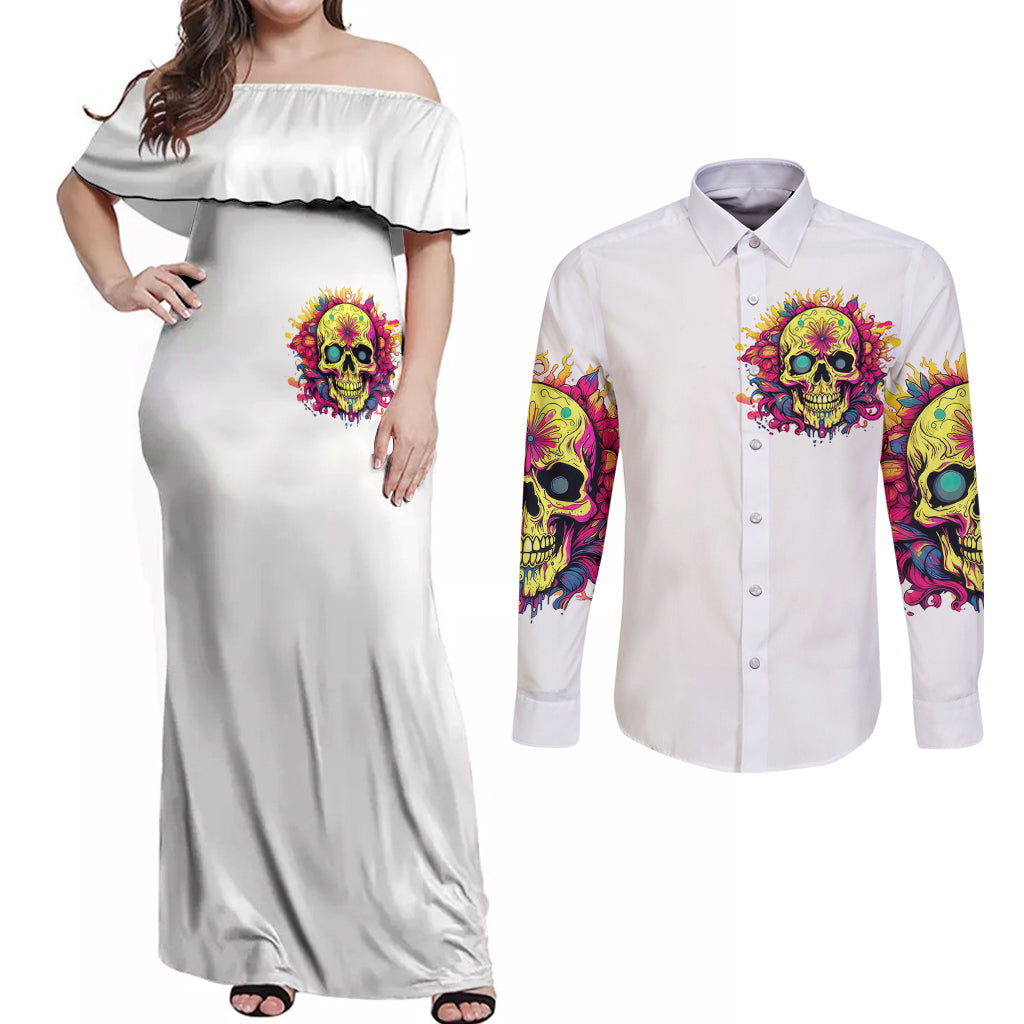 Flower Skull Couples Matching Off Shoulder Maxi Dress and Long Sleeve Button Shirts Judge Me When You 're Perfect Otherwise Shut Up - Wonder Print Shop