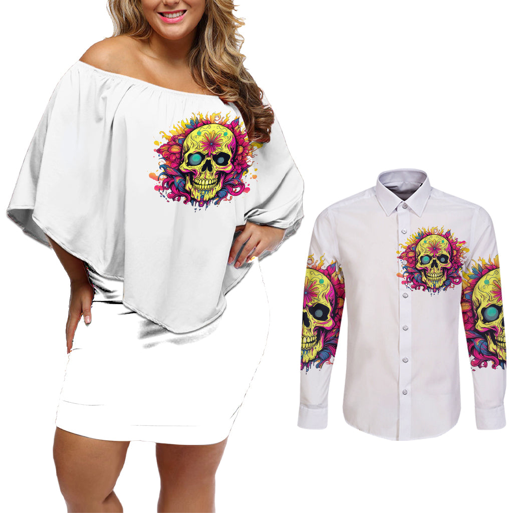 Flower Skull Couples Matching Off Shoulder Short Dress and Long Sleeve Button Shirts Judge Me When You're Perfect Otherwise Shut Up - Wonder Print Shop