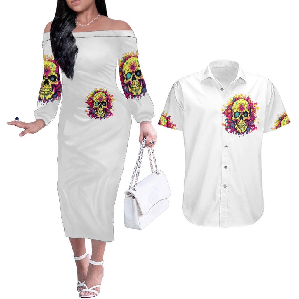 Flower Skull Couples Matching Off The Shoulder Long Sleeve Dress and Hawaiian Shirt Judge Me When You 're Perfect Otherwise Shut Up - Wonder Print Shop