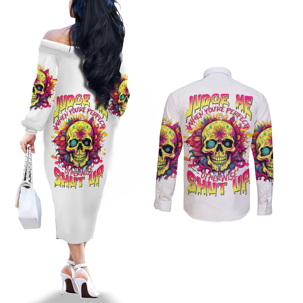 flower-skull-couples-matching-off-the-shoulder-long-sleeve-dress-and-long-sleeve-button-shirts-judge-me-when-you-re-perfect-otherwise-shut-up