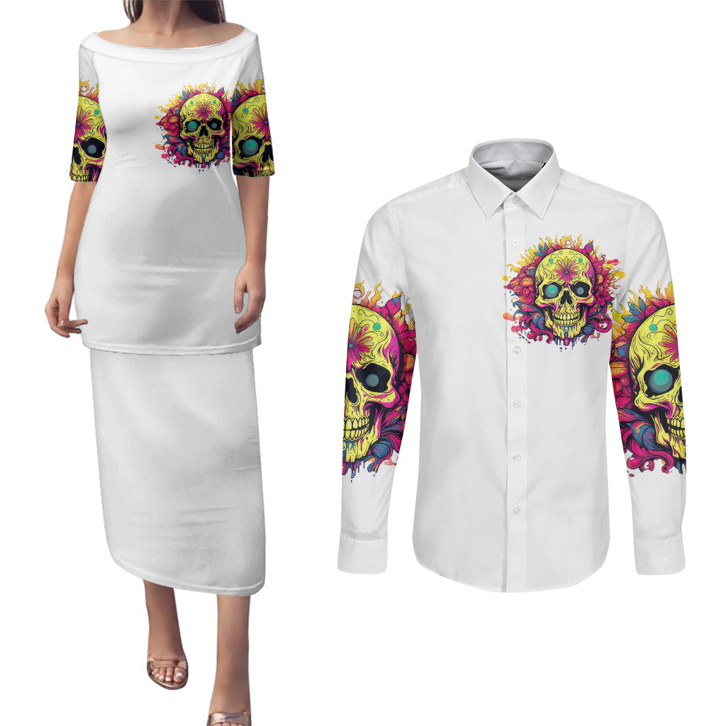 Flower Skull Couples Matching Puletasi Dress and Long Sleeve Button Shirts Judge Me When You 're Perfect Otherwise Shut Up - Wonder Print Shop