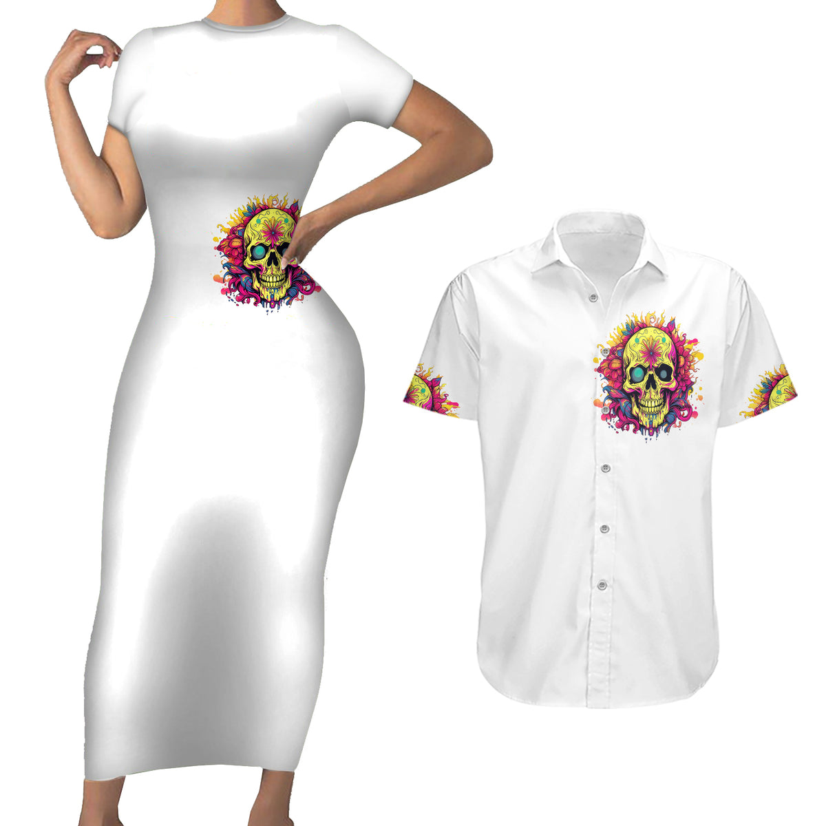 Flower Skull Couples Matching Short Sleeve Bodycon Dress and Hawaiian Shirt Judge Me When You 're Perfect Otherwise Shut Up - Wonder Print Shop