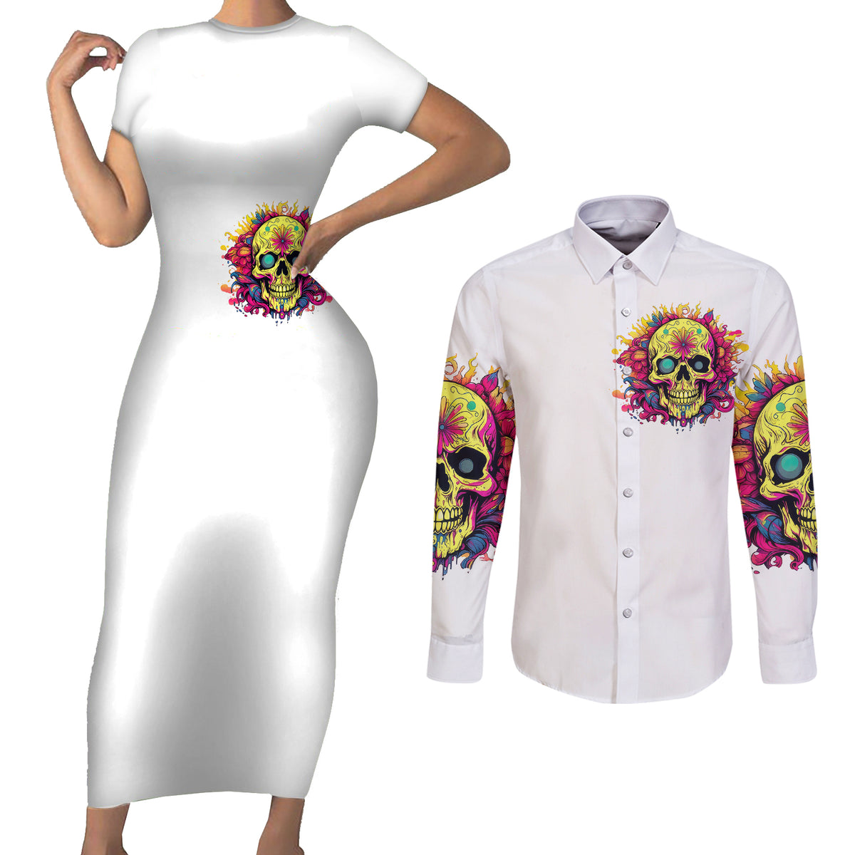 Flower Skull Couples Matching Short Sleeve Bodycon Dress and Long Sleeve Button Shirts Judge Me When You 're Perfect Otherwise Shut Up - Wonder Print Shop