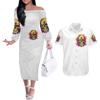 Flower Skull Couples Matching Off The Shoulder Long Sleeve Dress and Hawaiian Shirt Judge Me When You're Perfect Otherwise Shut Up - Wonder Print Shop