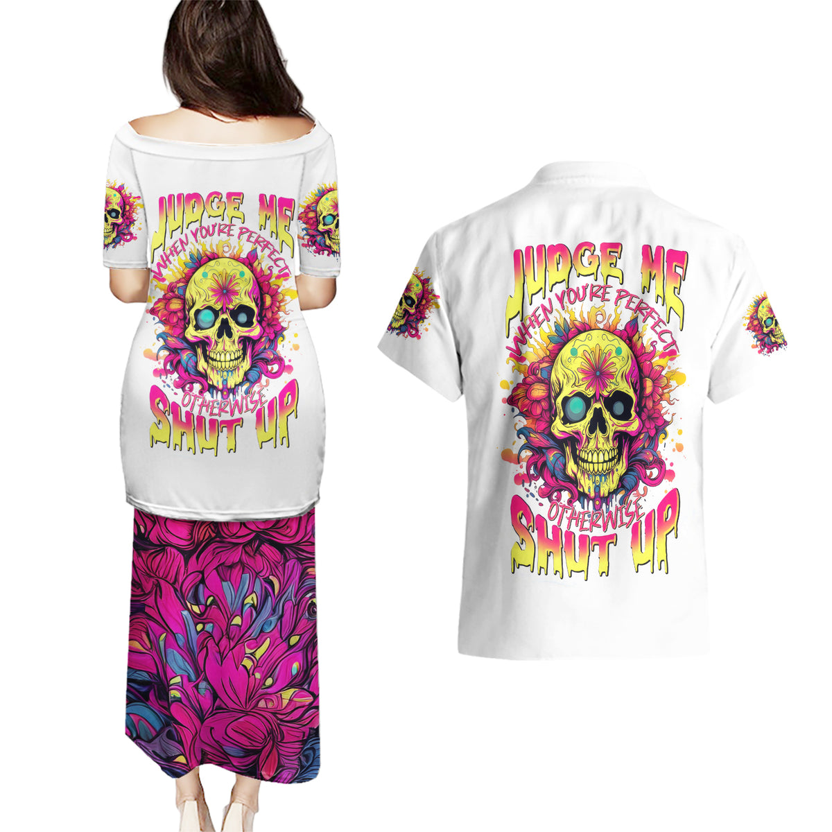 Flower Skull Couples Matching Puletasi and Hawaiian Shirt Judge Me When You're Perfect Otherwise Shut Up - Wonder Print Shop