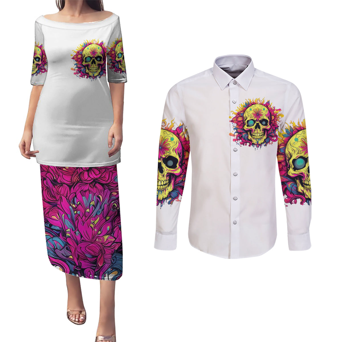 Flower Skull Couples Matching Puletasi and Long Sleeve Button Shirt Judge Me When You're Perfect Otherwise Shut Up - Wonder Print Shop