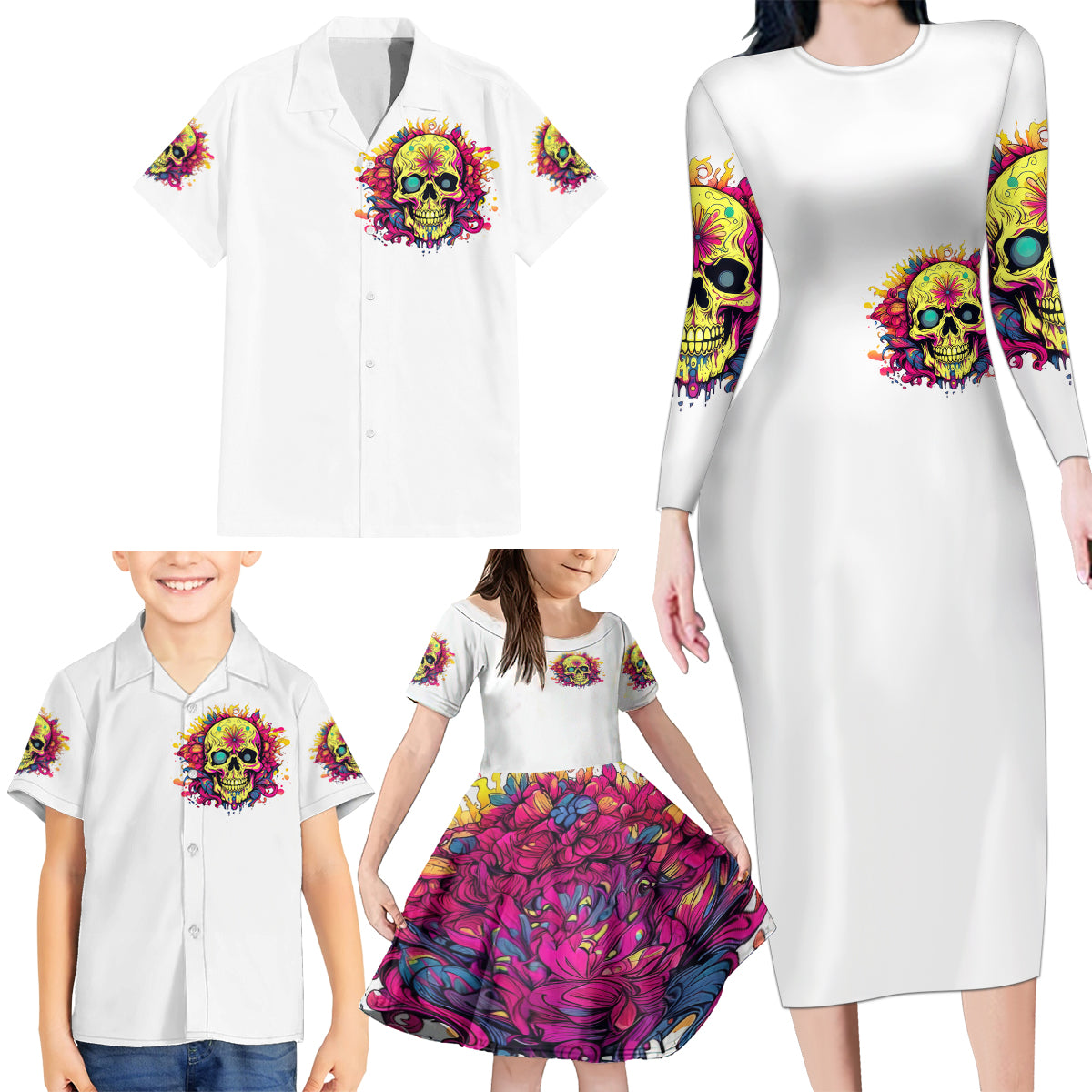 Flower Skull Family Matching Long Sleeve Bodycon Dress and Hawaiian Shirt Judge Me When You're Perfect Otherwise Shut Up - Wonder Print Shop