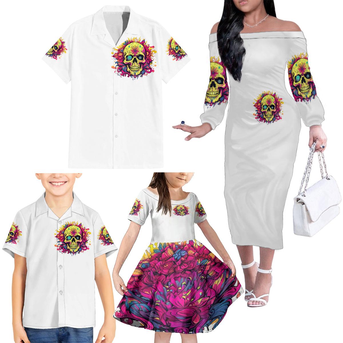 Flower Skull Family Matching Off Shoulder Long Sleeve Dress and Hawaiian Shirt Judge Me When You're Perfect Otherwise Shut Up - Wonder Print Shop