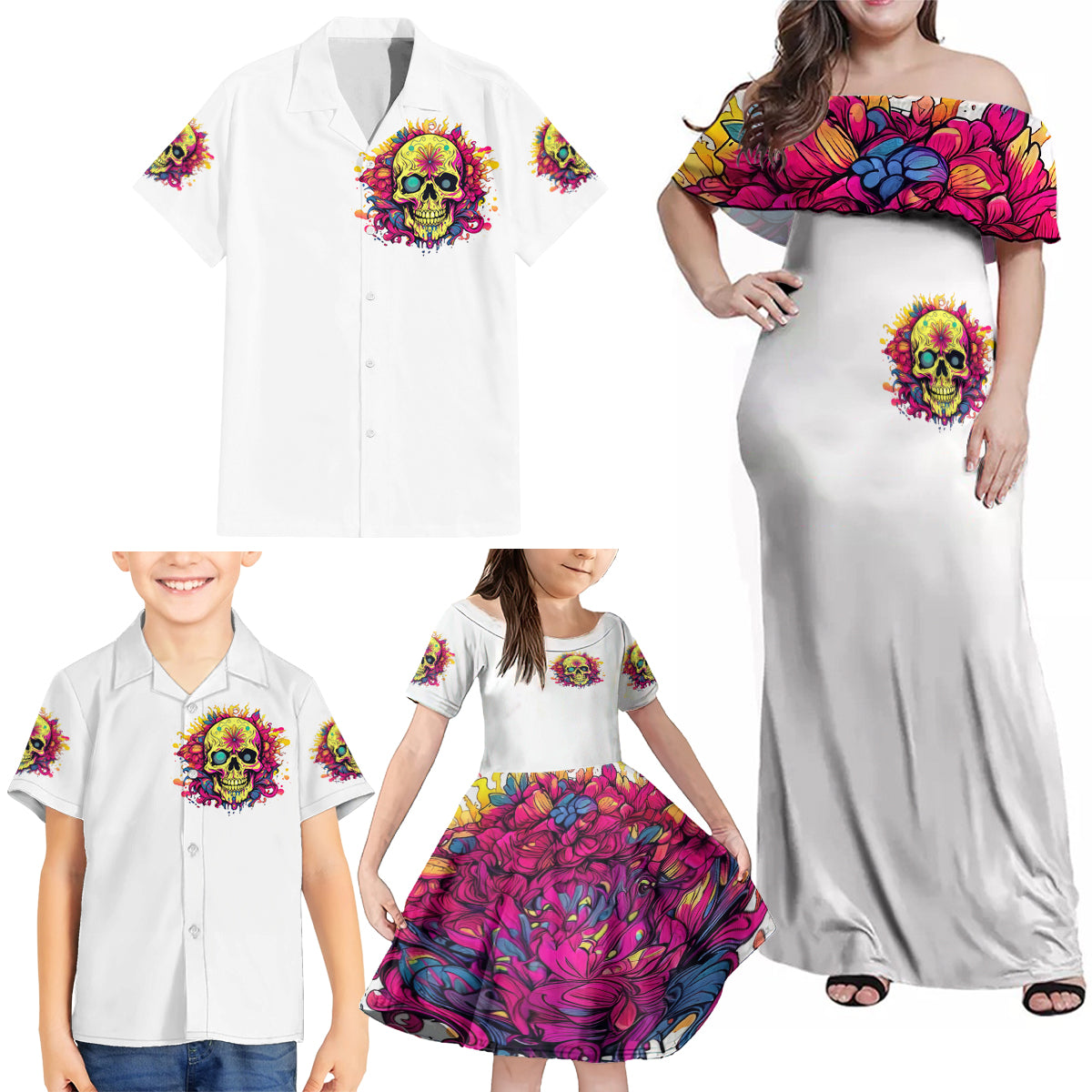 Flower Skull Family Matching Off Shoulder Maxi Dress and Hawaiian Shirt Judge Me When You're Perfect Otherwise Shut Up - Wonder Print Shop