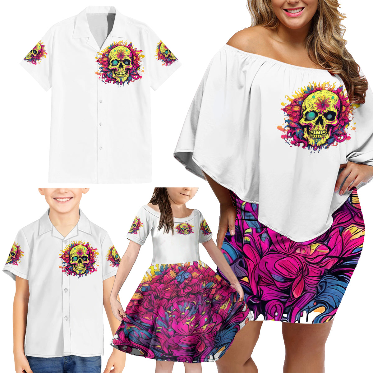 Flower Skull Family Matching Off Shoulder Short Dress and Hawaiian Shirt Judge Me When You're Perfect Otherwise Shut Up - Wonder Print Shop