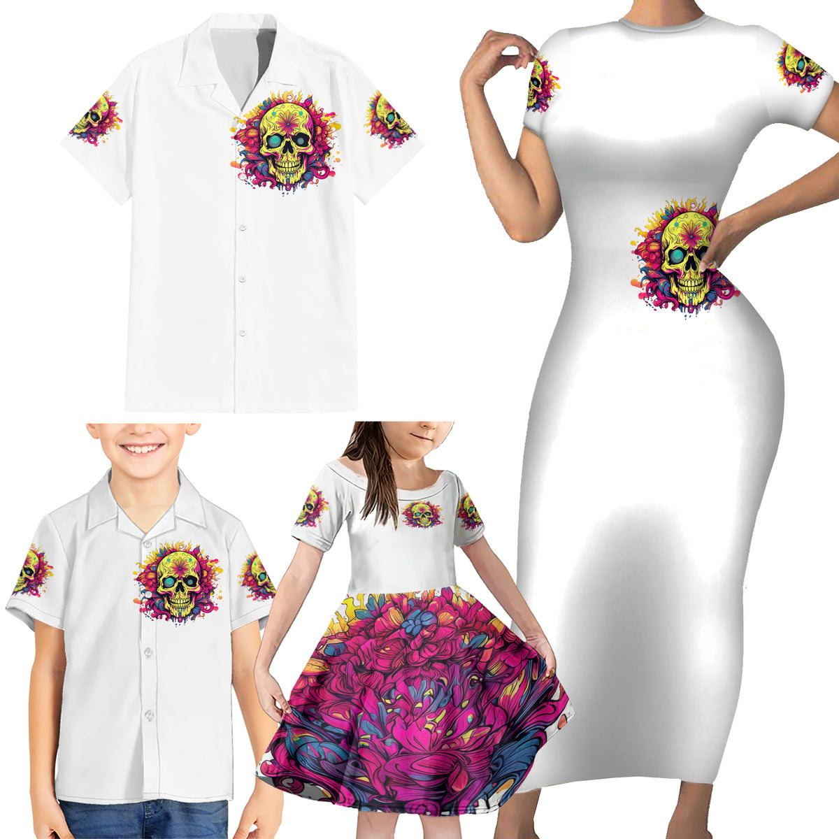 Flower Skull Family Matching Short Sleeve Bodycon Dress and Hawaiian Shirt Judge Me When You're Perfect Otherwise Shut Up - Wonder Print Shop