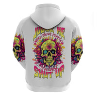 White pullover hoodie with colorful skull graphic on back and matching sleeve art