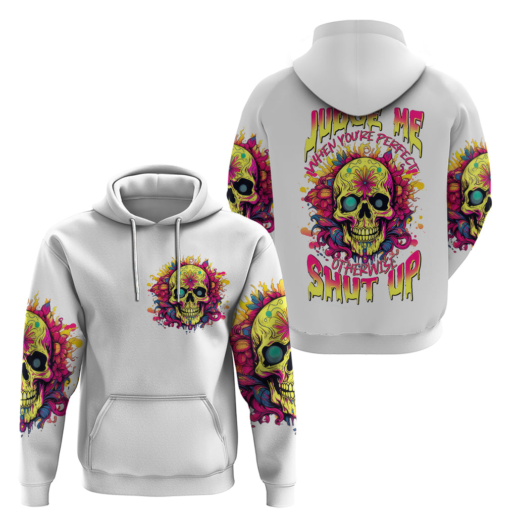 White pullover hoodie shown front and back: colorful skull graphics with hood and pocket