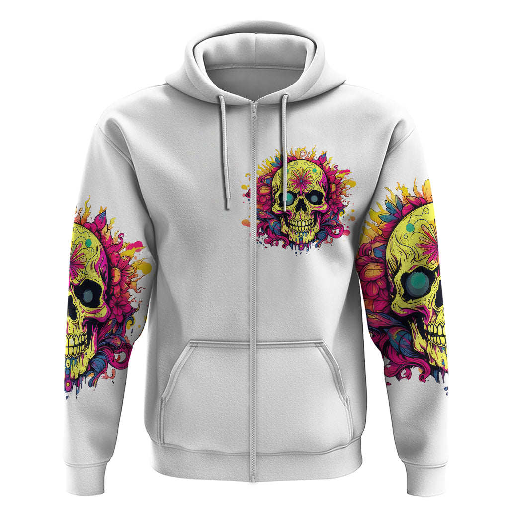 White pullover hoodie with hood and colorful central skull print, plus skull sleeve artwork