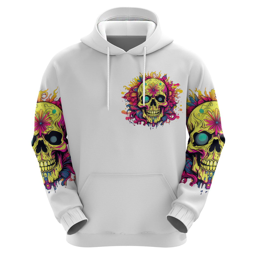 White pullover hoodie with front skull graphic, kangaroo pocket, and colorful skull sleeves