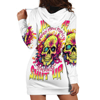 White hoodie dress with colorful skull back print and long sleeves, hood, pocket.