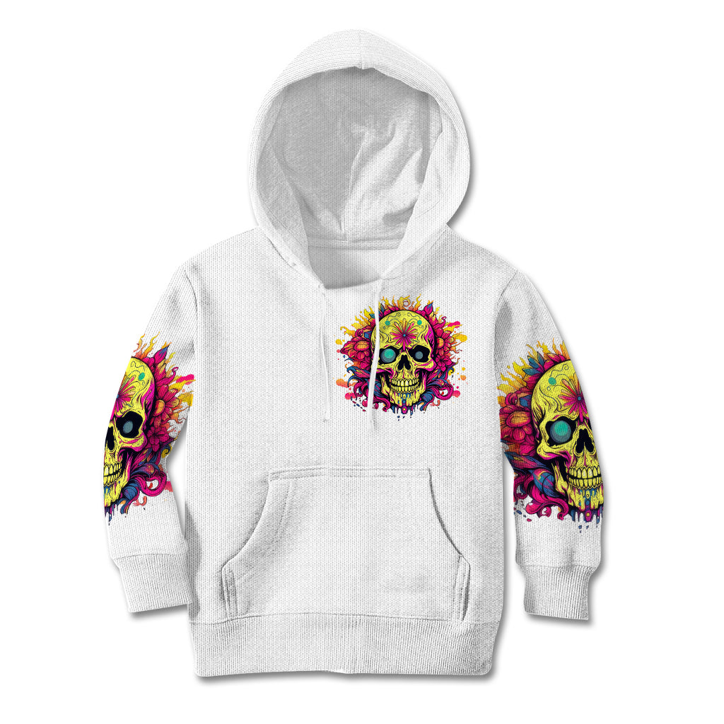 Kids white pullover hoodie with colorful skull graphic and long sleeves