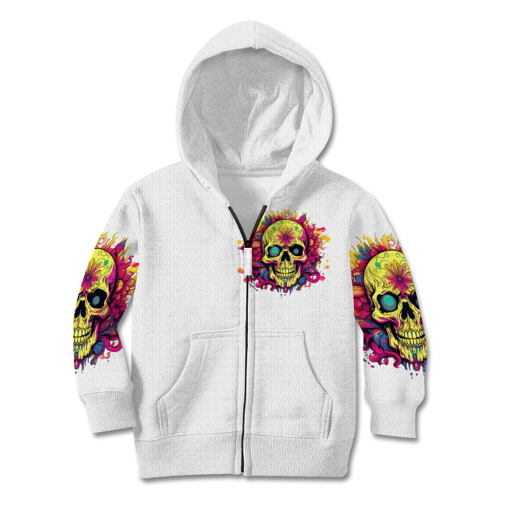 Kids white zip hoodie, colorful skull chest print and sleeve skull graphics