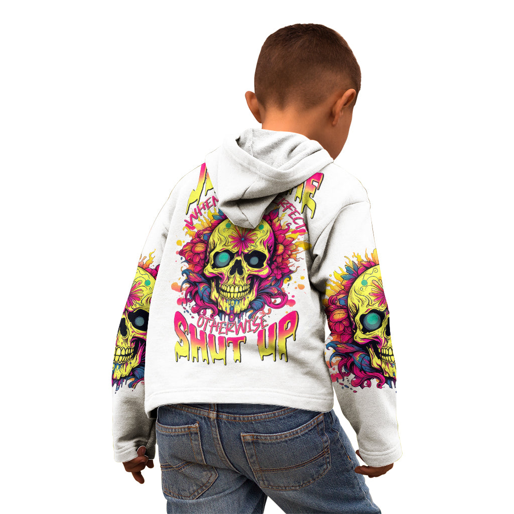 Kids white hoodie back view with colorful skull graphic and bold text
