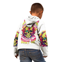 Kids white hoodie back view with colorful skull graphic and bold text