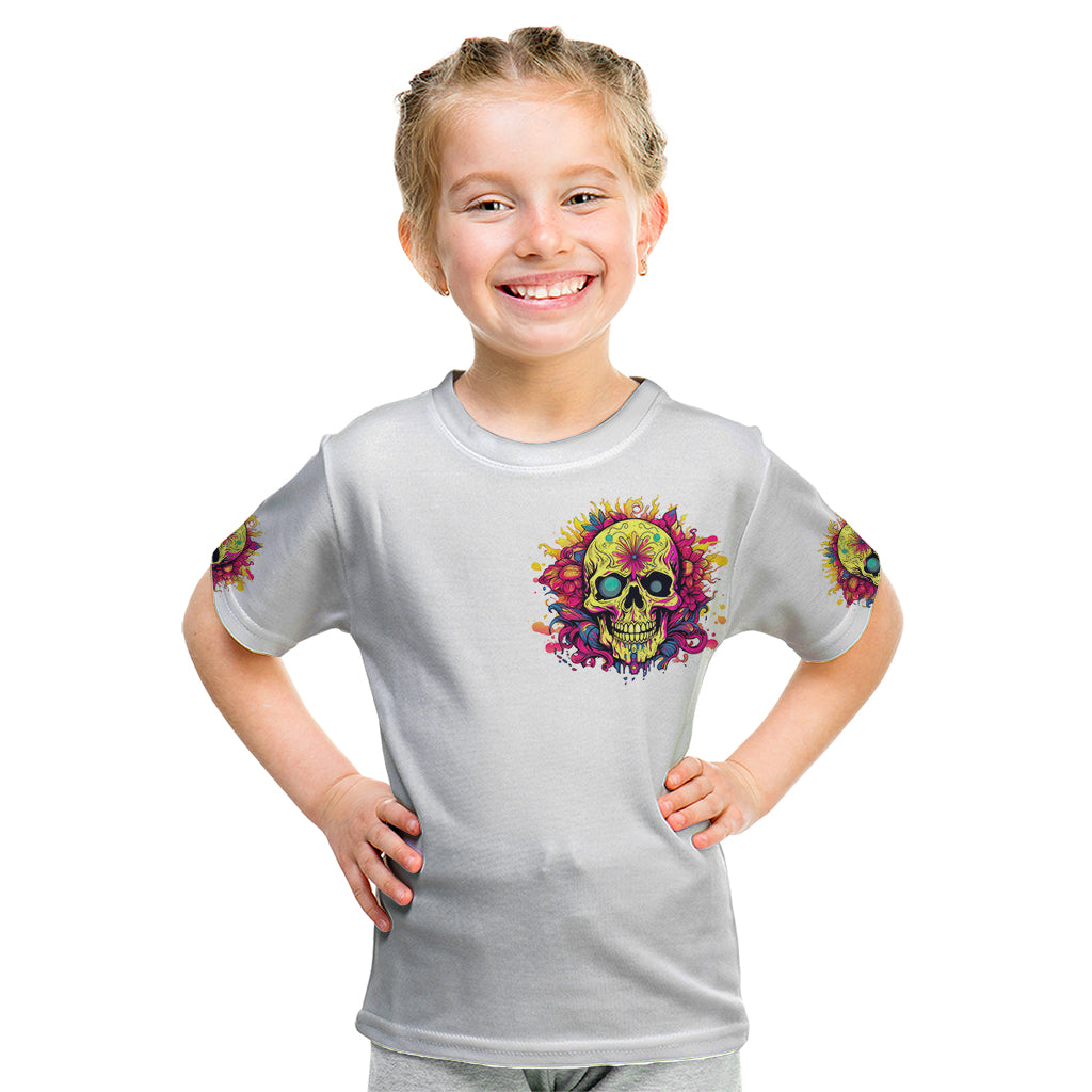 Light gray kids T-shirt with colorful flower skull graphic on front