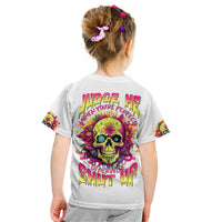 Light gray kids T-shirt with colorful flower skull graphic on back with text