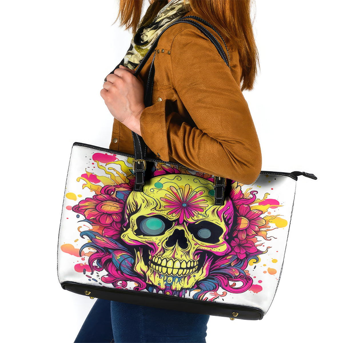 Flower Skull Leather Tote Bag Judge Me When You're Perfect Otherwise Shut Up - Wonder Print Shop