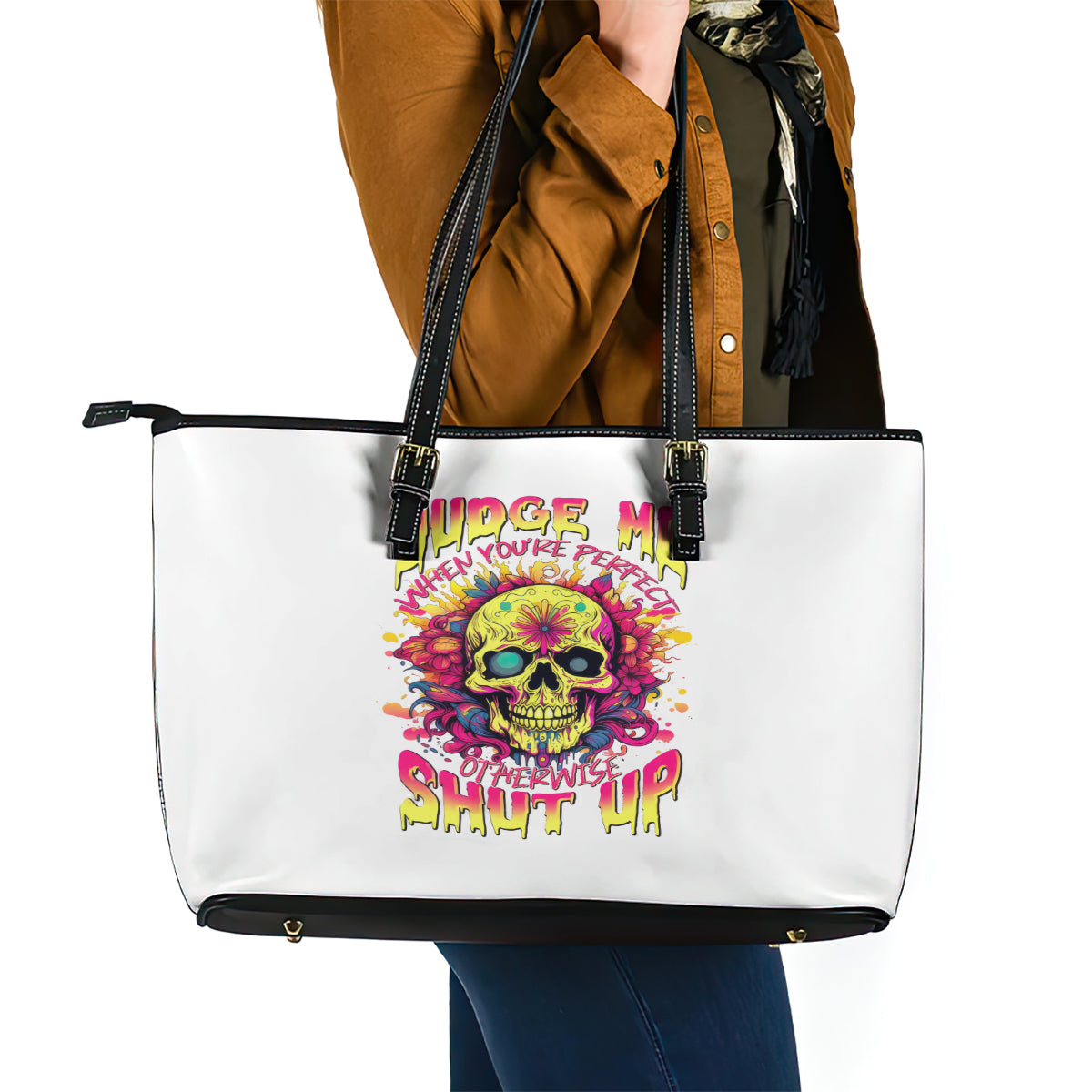 Flower Skull Leather Tote Bag Judge Me When You're Perfect Otherwise Shut Up - Wonder Print Shop
