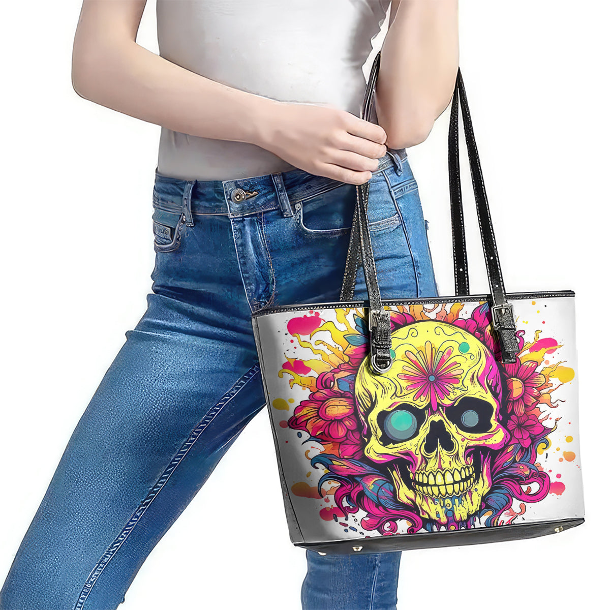 Flower Skull Leather Tote Bag Judge Me When You're Perfect Otherwise Shut Up - Wonder Print Shop