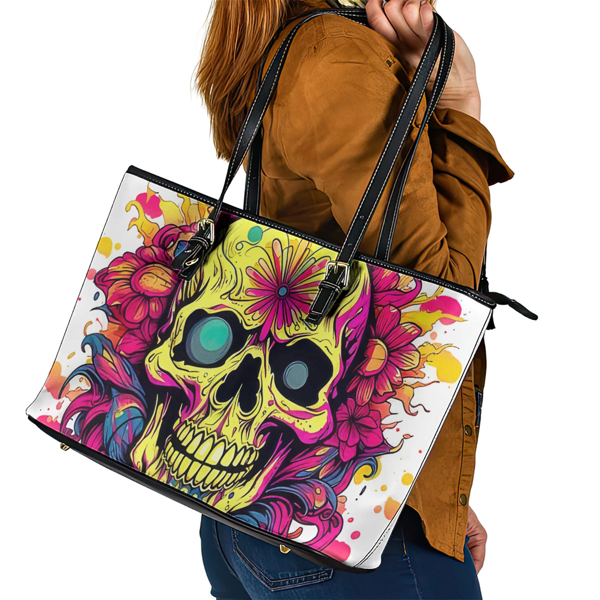Flower Skull Leather Tote Bag Judge Me When You're Perfect Otherwise Shut Up - Wonder Print Shop