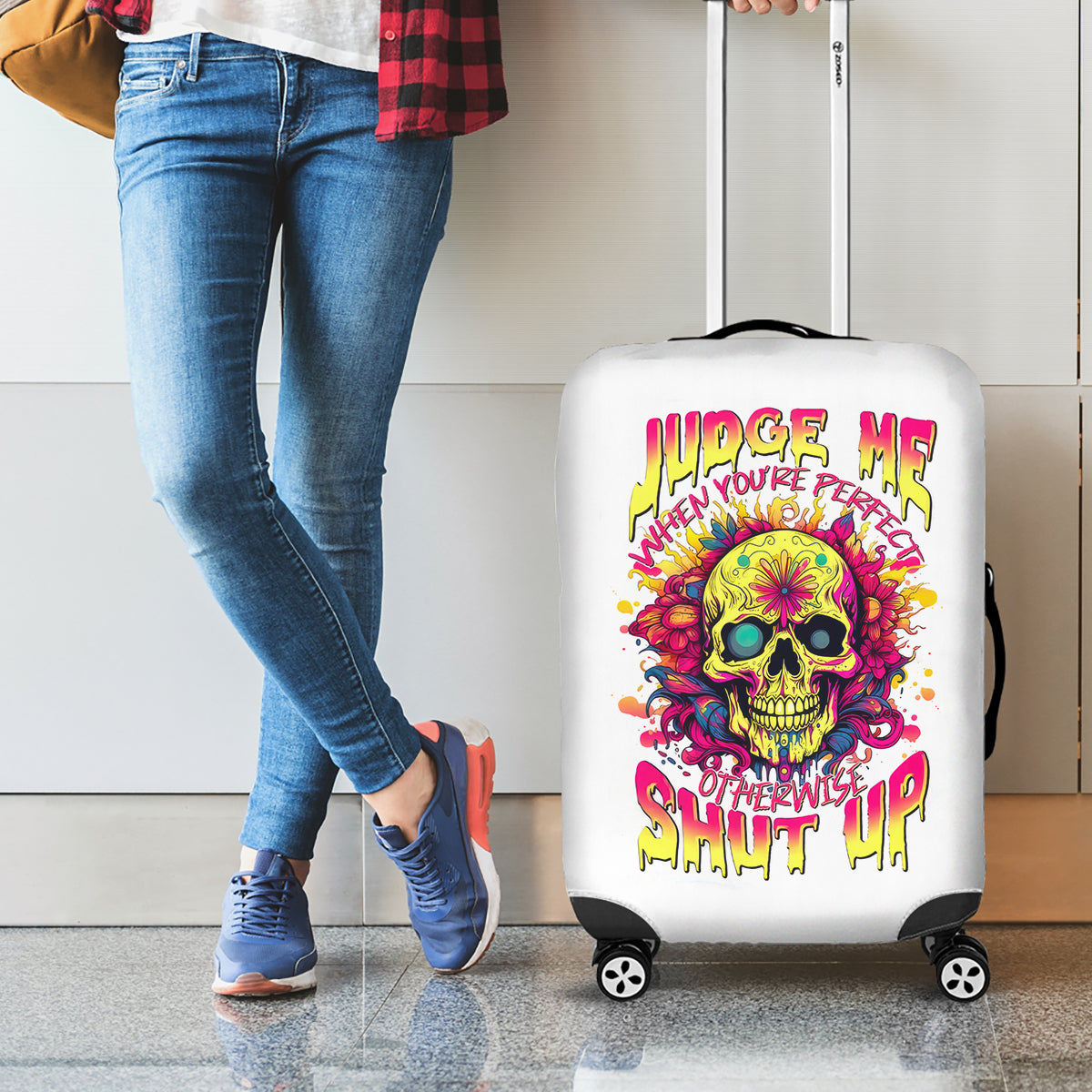 Flower Skull Luggage Cover Judge Me When You're Perfect Otherwise Shut Up - Wonder Print Shop