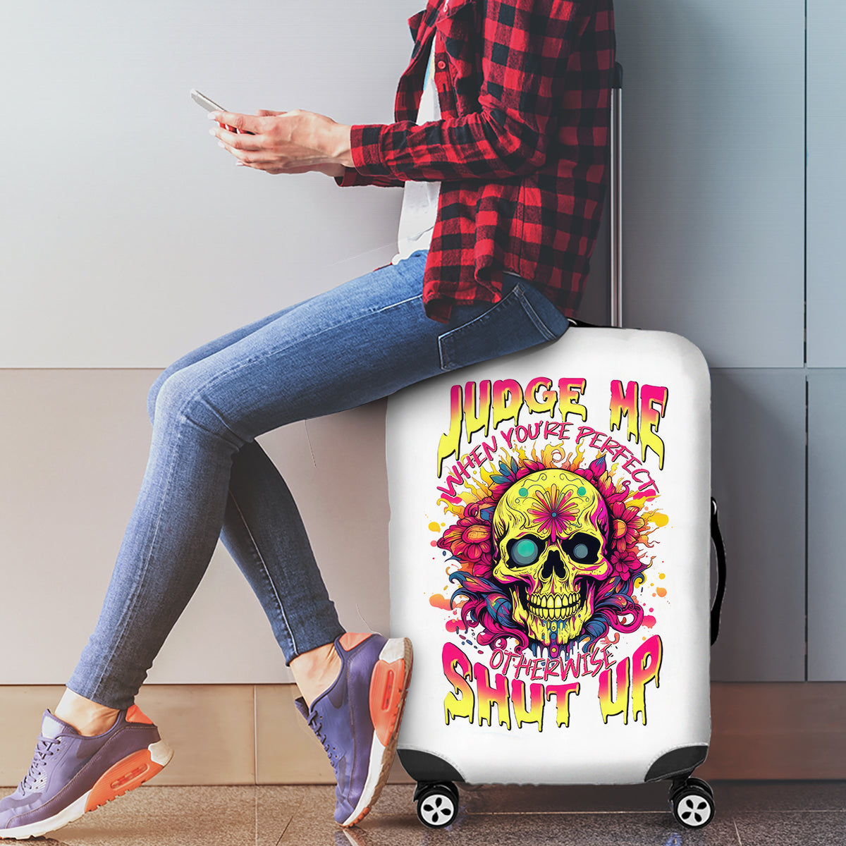 Flower Skull Luggage Cover Judge Me When You're Perfect Otherwise Shut Up - Wonder Print Shop