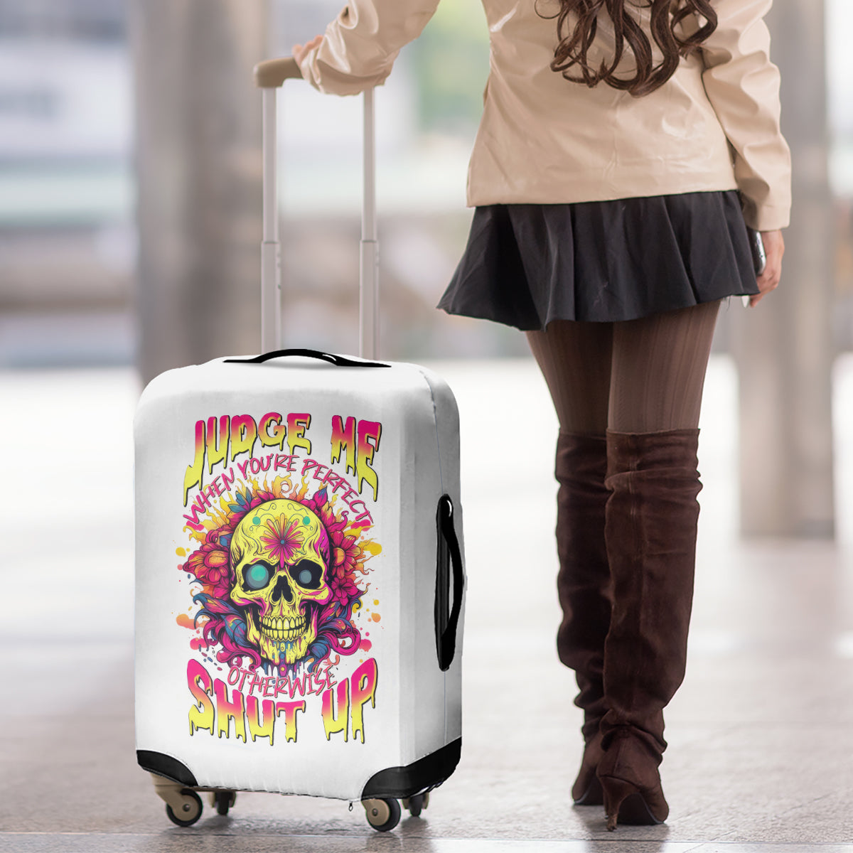 Flower Skull Luggage Cover Judge Me When You're Perfect Otherwise Shut Up - Wonder Print Shop