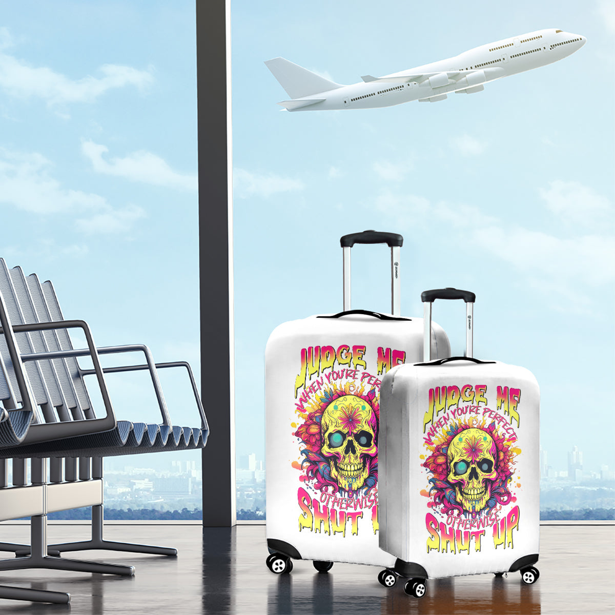 Flower Skull Luggage Cover Judge Me When You're Perfect Otherwise Shut Up - Wonder Print Shop