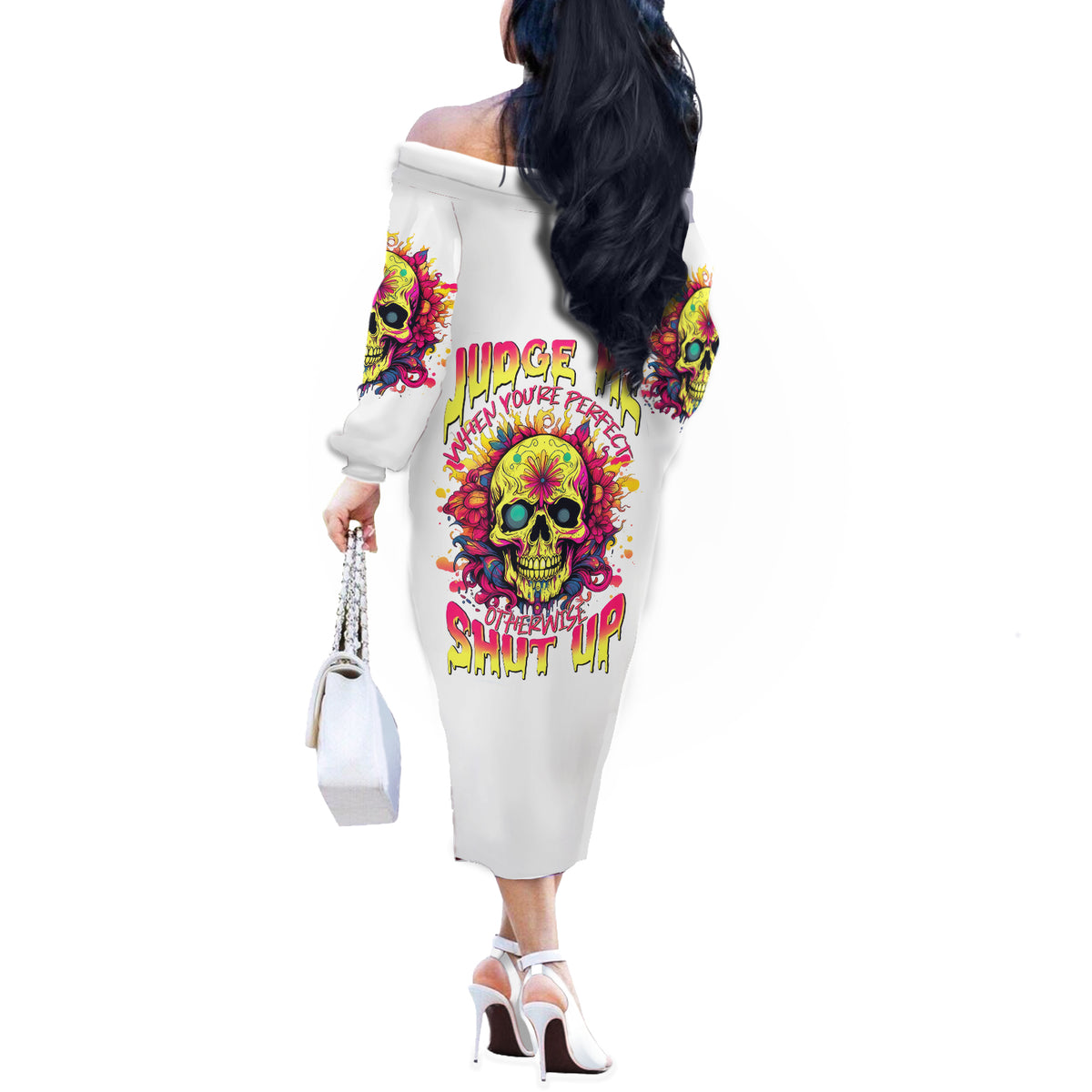 Flower Skull Off The Shoulder Long Sleeve Dress Judge Me When You're Perfect Otherwise Shut Up - Wonder Print Shop