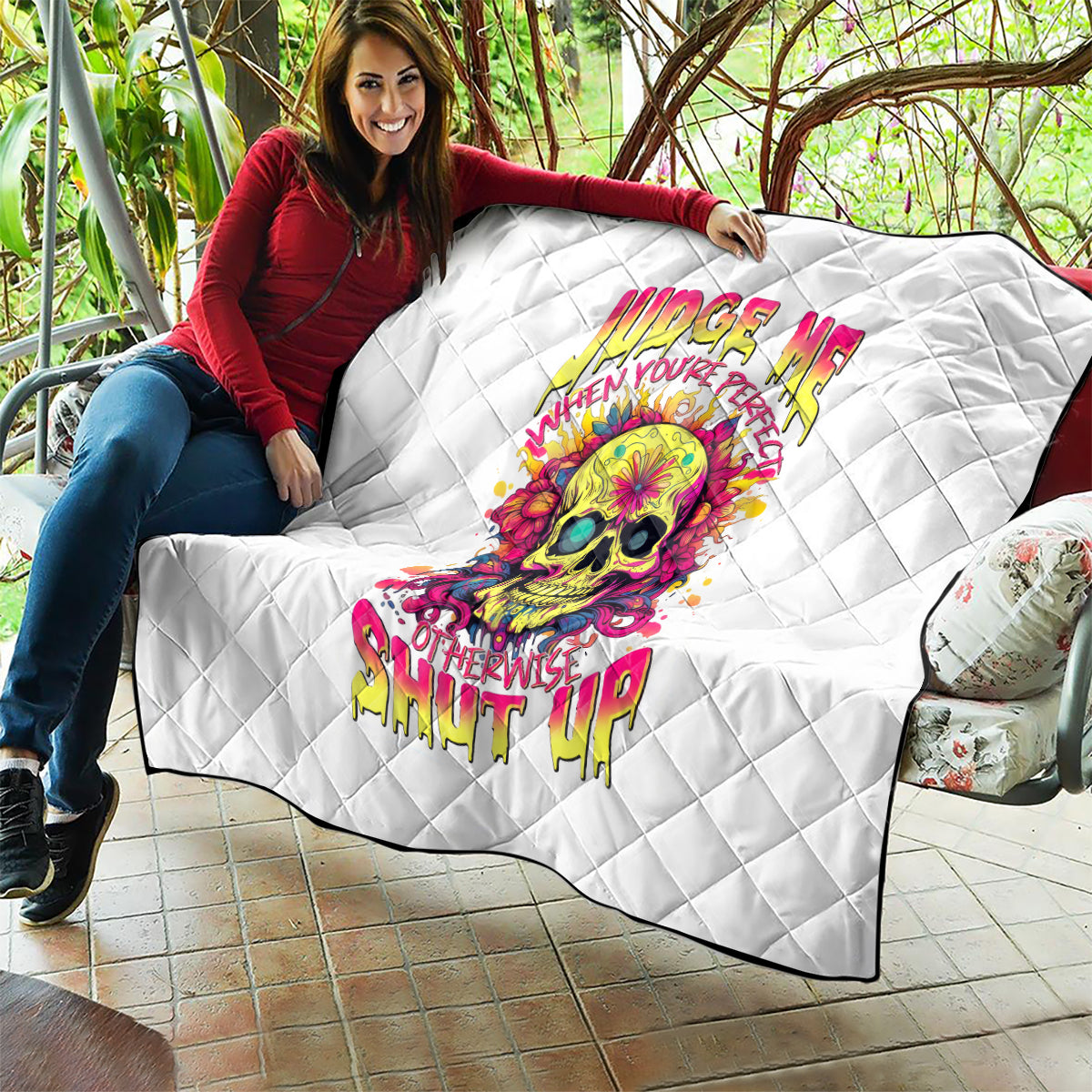 Flower Skull Quilt Judge Me When You're Perfect Otherwise Shut Up - Wonder Print Shop