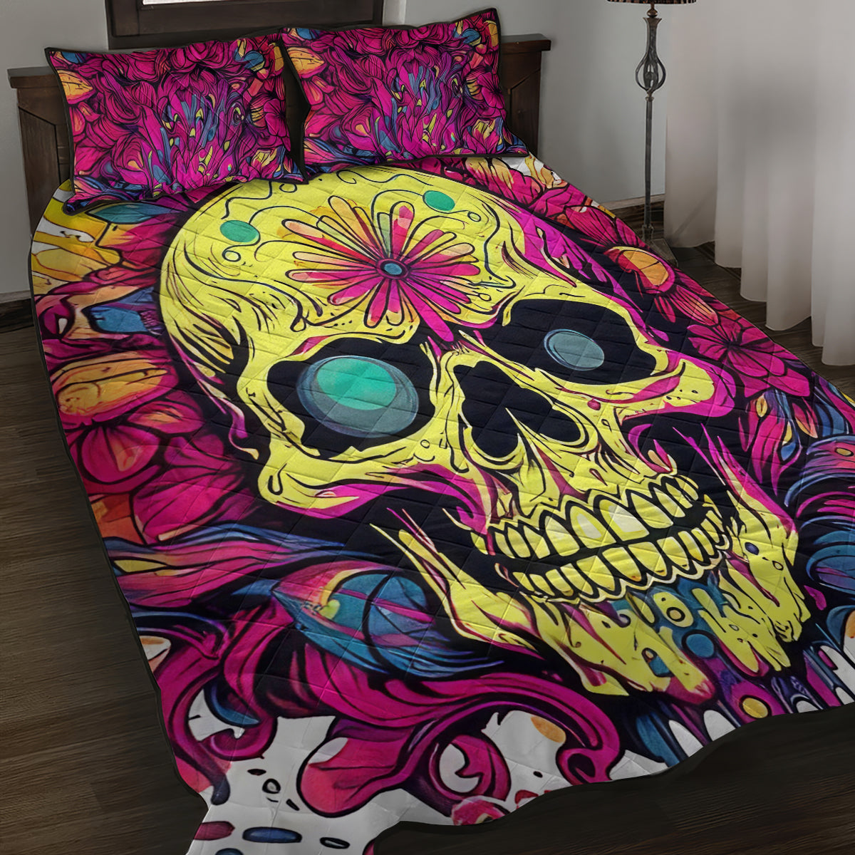 Flower Skull Quilt Bed Set Judge Me When You're Perfect Otherwise Shut Up - Wonder Print Shop