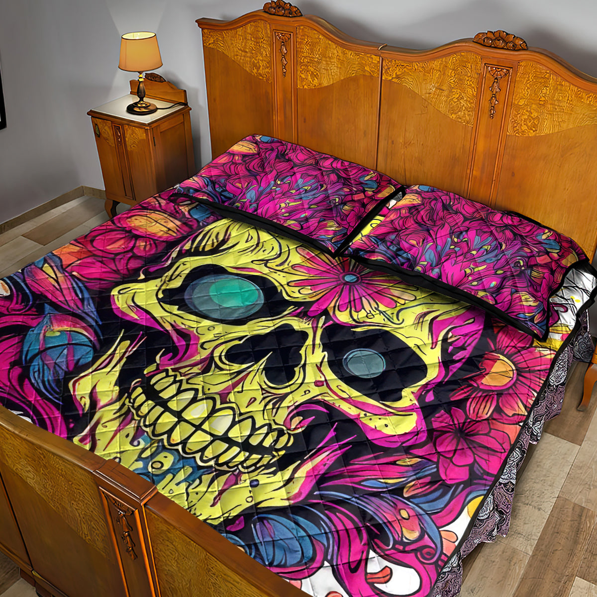 Flower Skull Quilt Bed Set Judge Me When You're Perfect Otherwise Shut Up - Wonder Print Shop