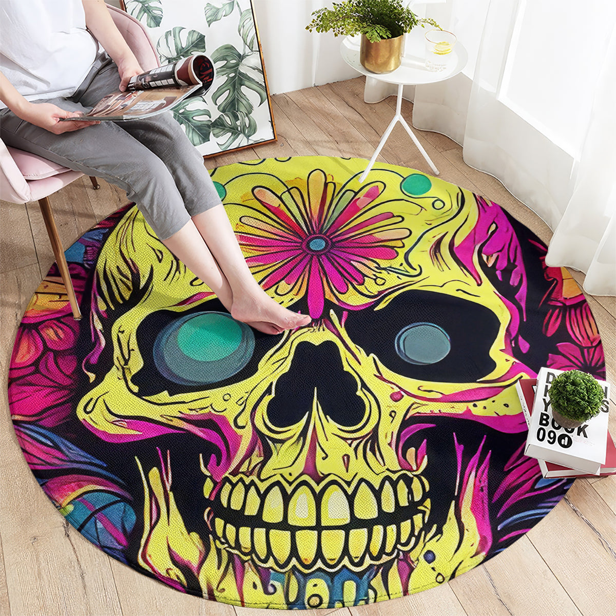Flower Skull Round Carpet Judge Me When You're Perfect Otherwise Shut Up