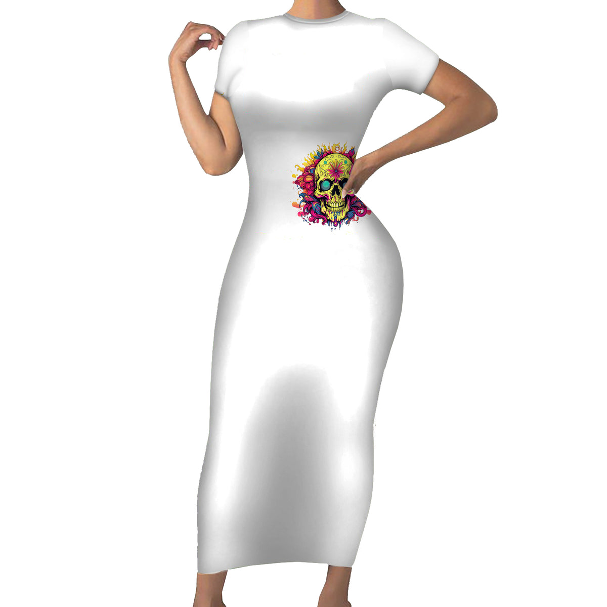 White short-sleeve bodycon dress with colorful floral skull artwork at center