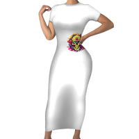 White short-sleeve bodycon dress with colorful floral skull artwork at center