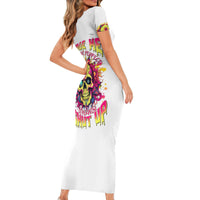White short-sleeve bodycon dress with colorful floral skull graphic and front slogan
