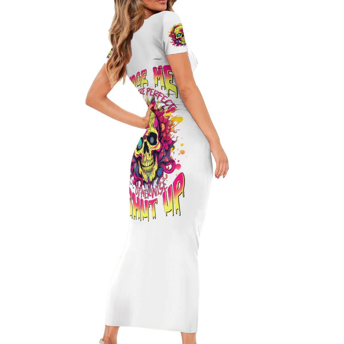 Flower Skull Short Sleeve Bodycon Dress Judge Me When You're Perfect Otherwise Shut Up - Wonder Print Shop