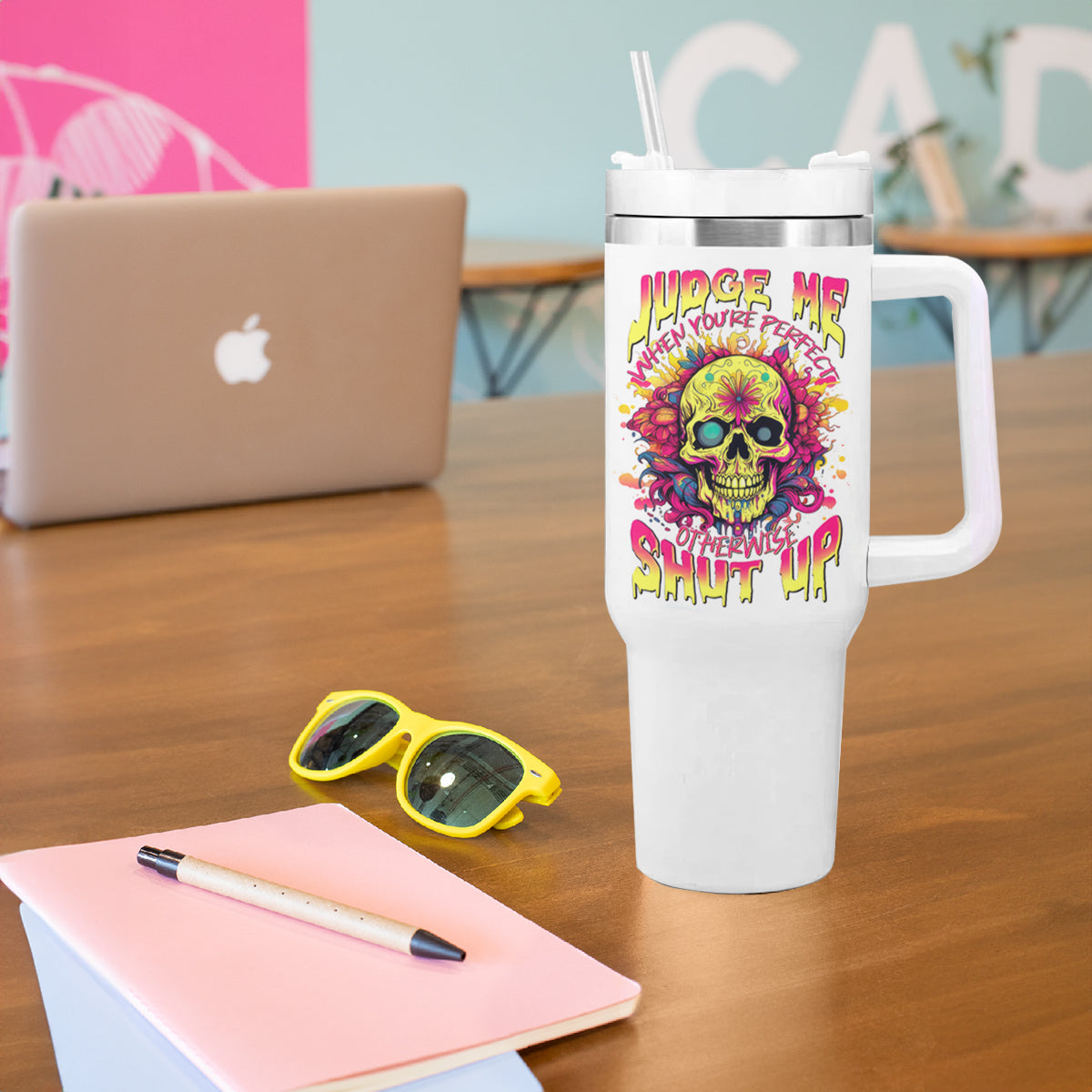 Flower Skull Tumbler With Handle Judge Me When You're Perfect Otherwise Shut Up - Wonder Print Shop