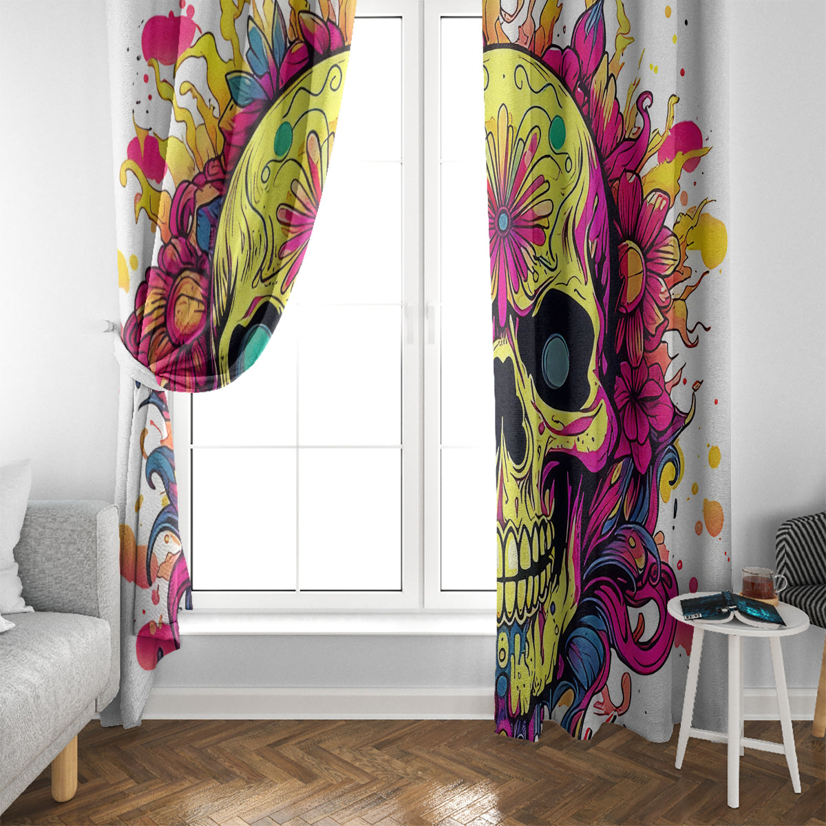 Flower Skull Window Curtain Judge Me When You're Perfect Otherwise Shut Up - Wonder Print Shop