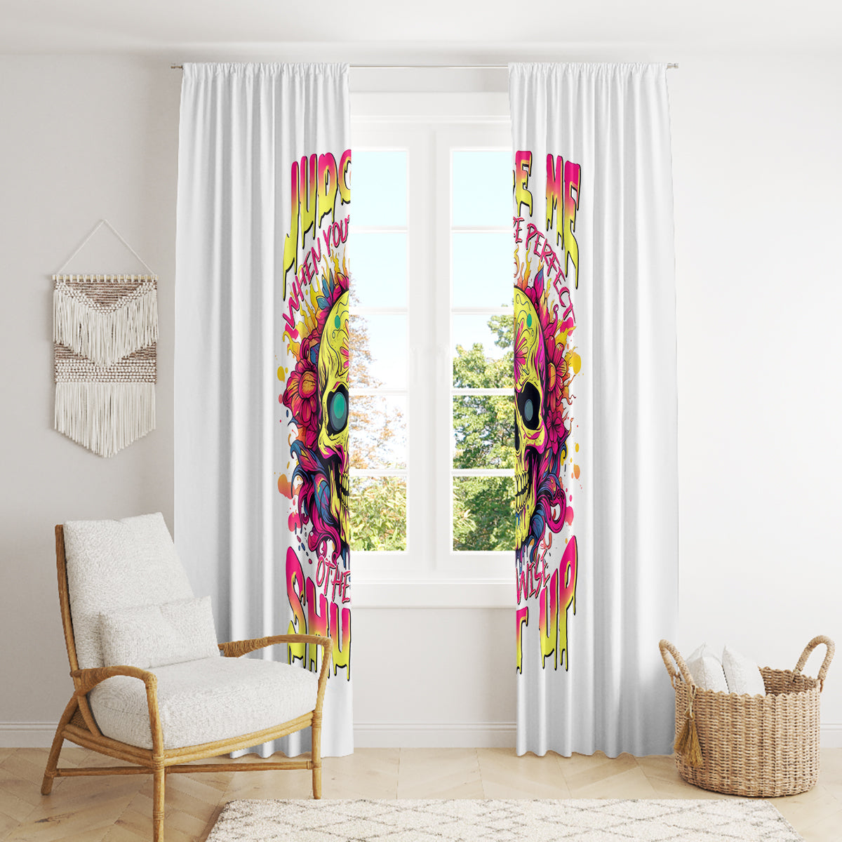 Flower Skull Window Curtain Judge Me When You're Perfect Otherwise Shut Up - Wonder Print Shop